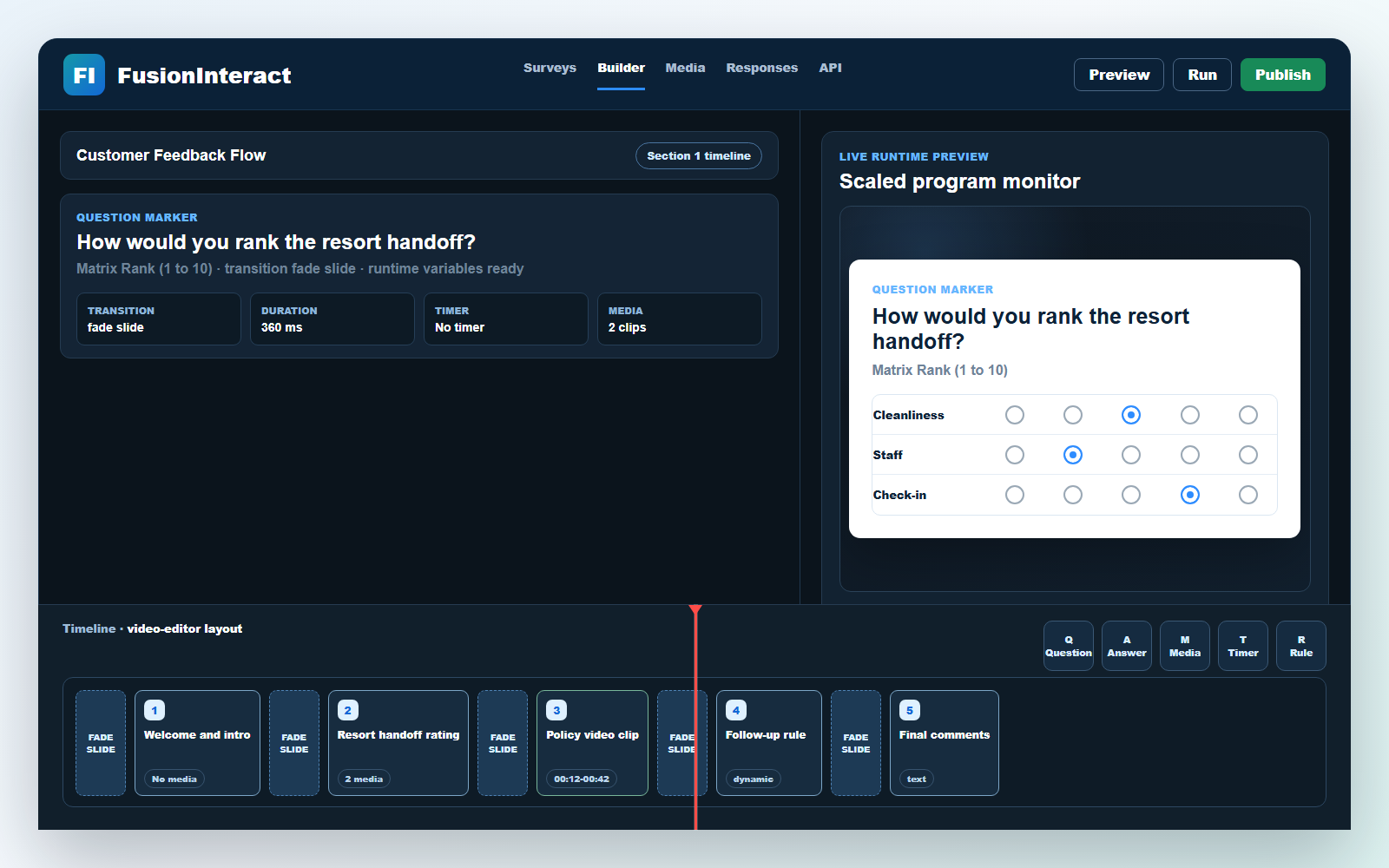 FusionInteract timeline builder with runtime preview and media controls